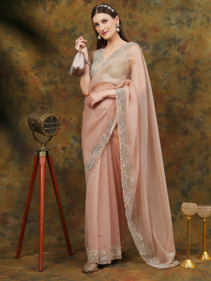 Peach Crepe Chiffon Saree