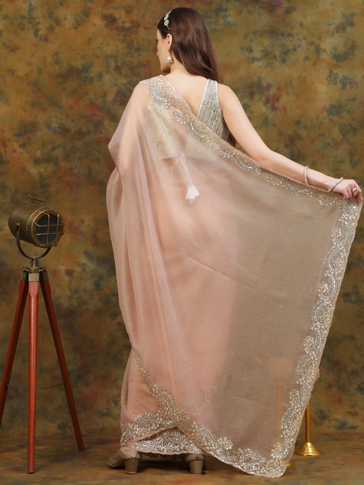 Peach Crepe Chiffon Saree