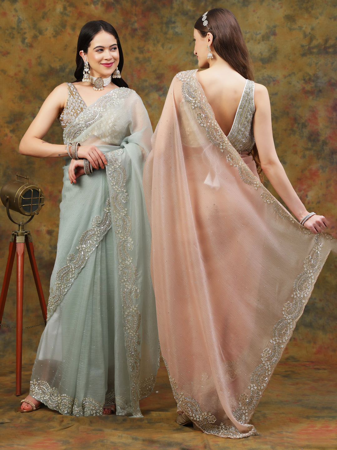 Peach Crepe Chiffon Saree
