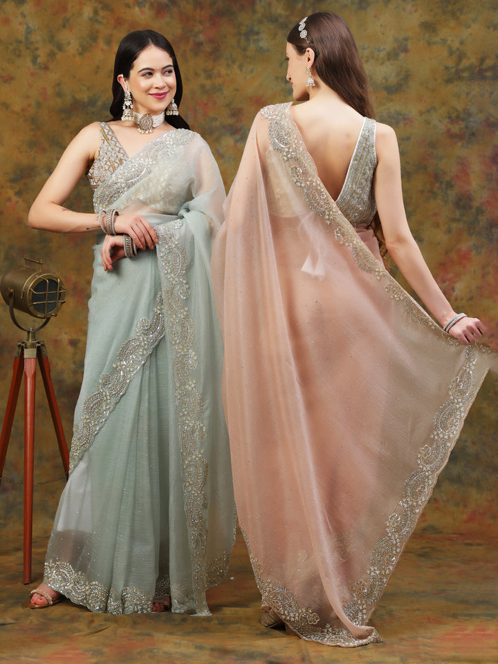 Peach Crepe Chiffon Saree