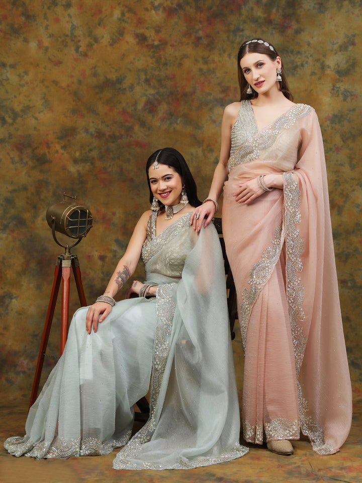 Mint Green Crepe Chiffon Saree