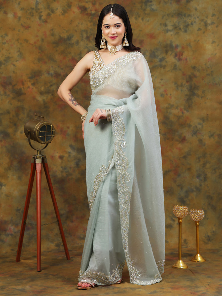 Mint Green Crepe Chiffon Saree