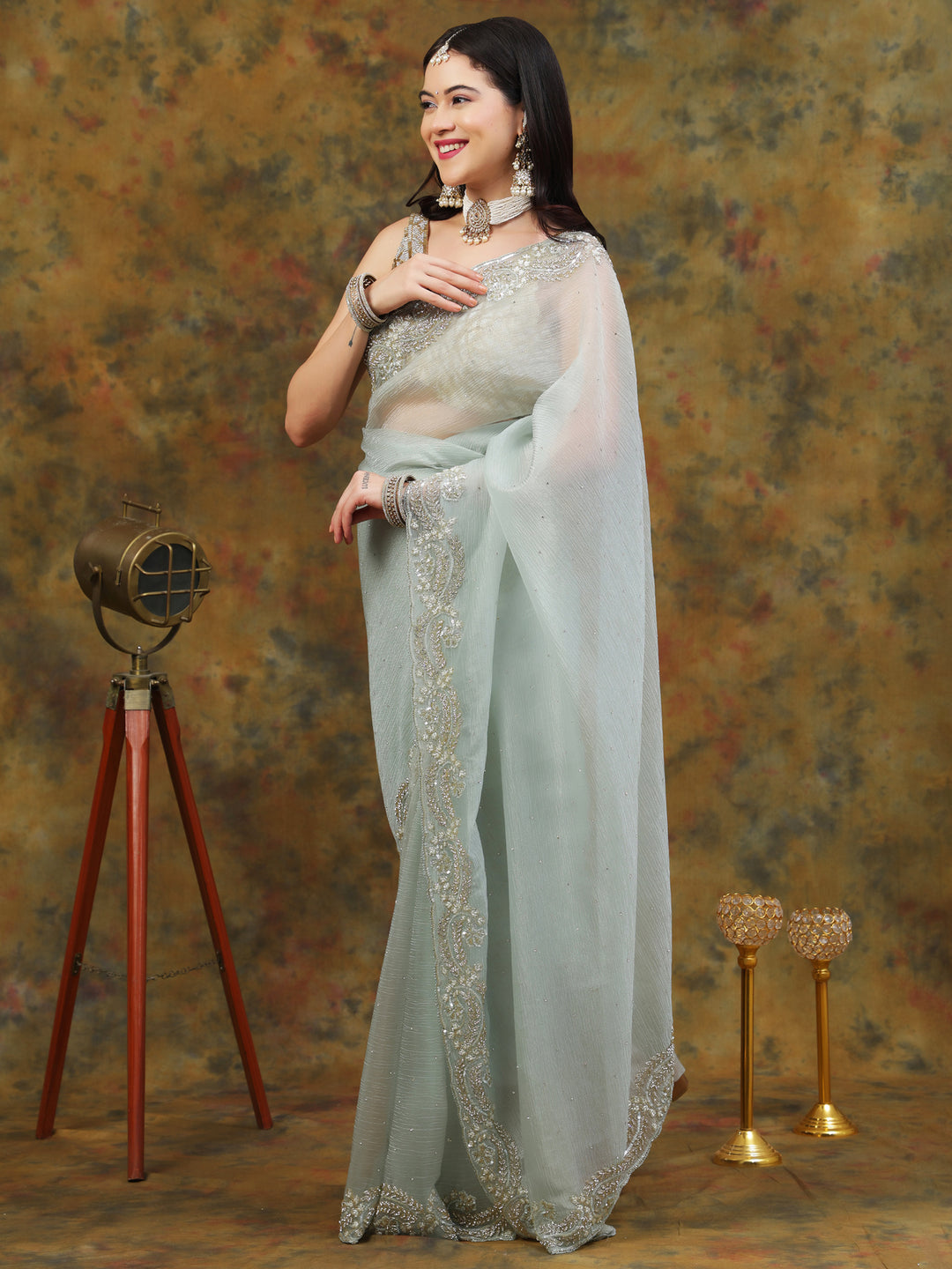 Mint Green Crepe Chiffon Saree