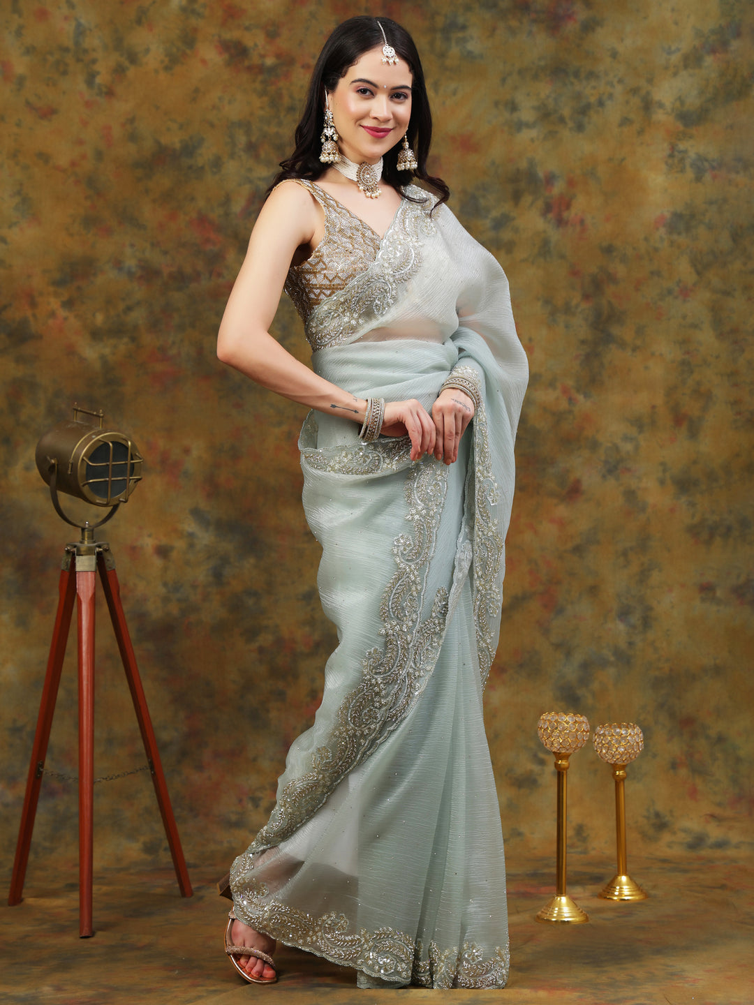 Mint Green Crepe Chiffon Saree