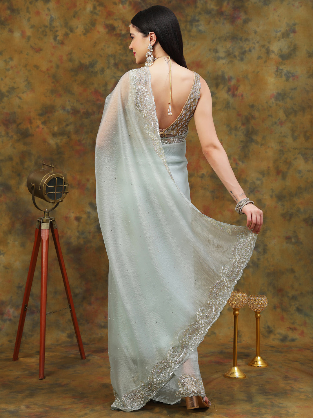 Mint Green Crepe Chiffon Saree