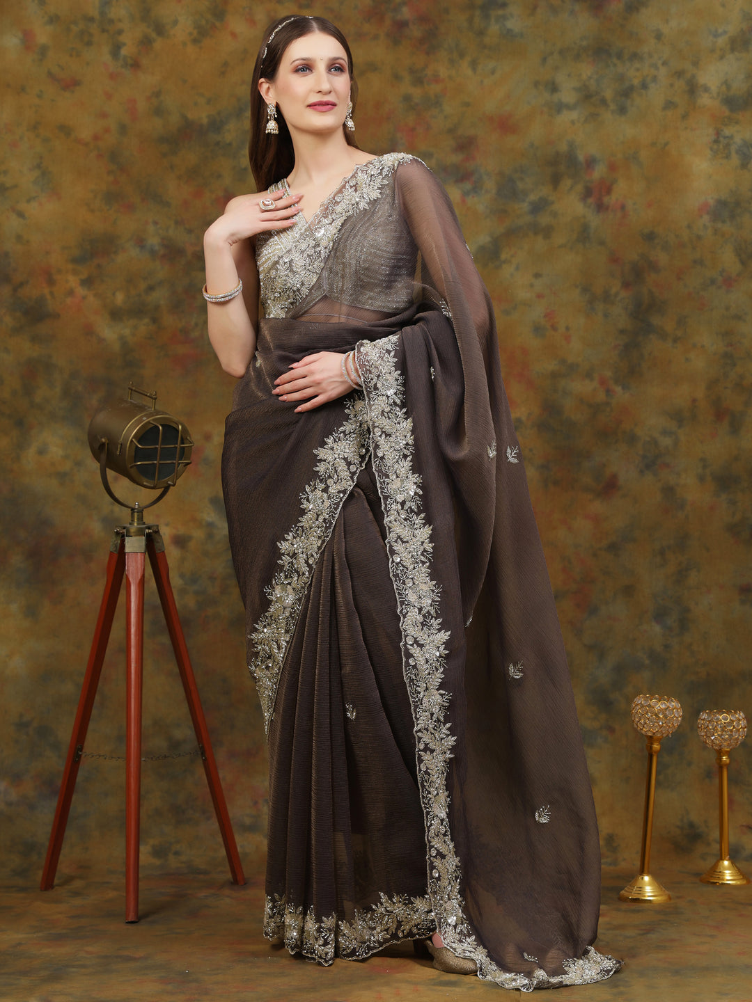Charcoal Grey Crepe Chiffon Saree
