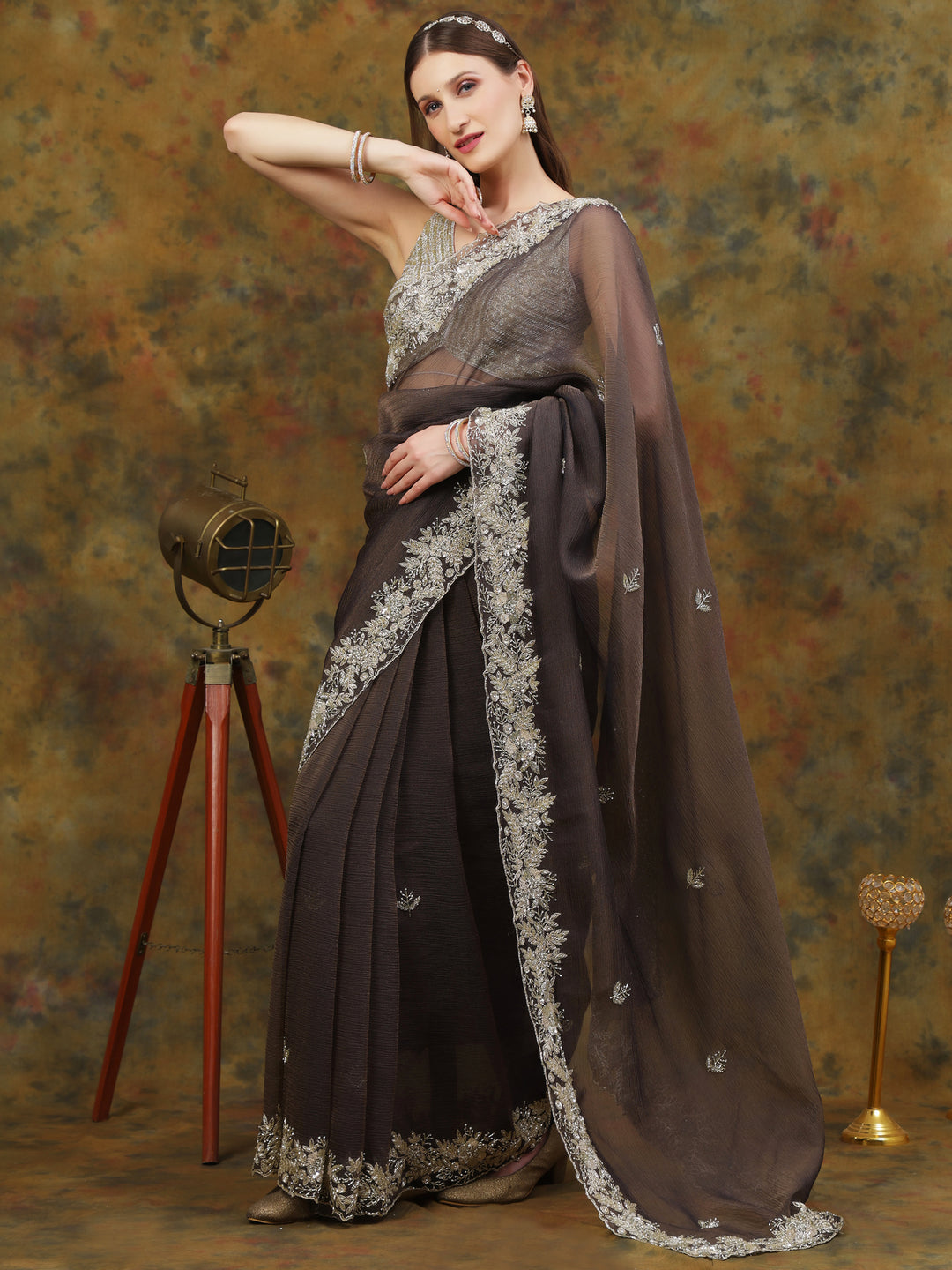 Charcoal Grey Crepe Chiffon Saree
