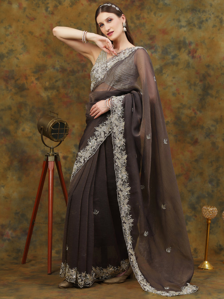 Charcoal Grey Crepe Chiffon Saree