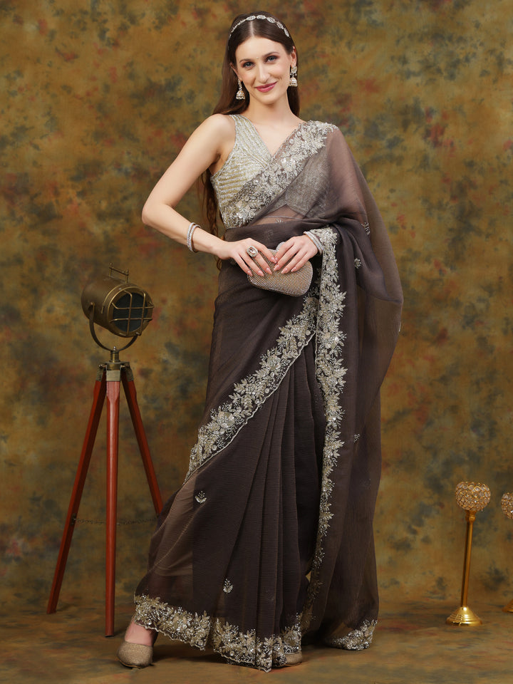 Charcoal Grey Crepe Chiffon Saree