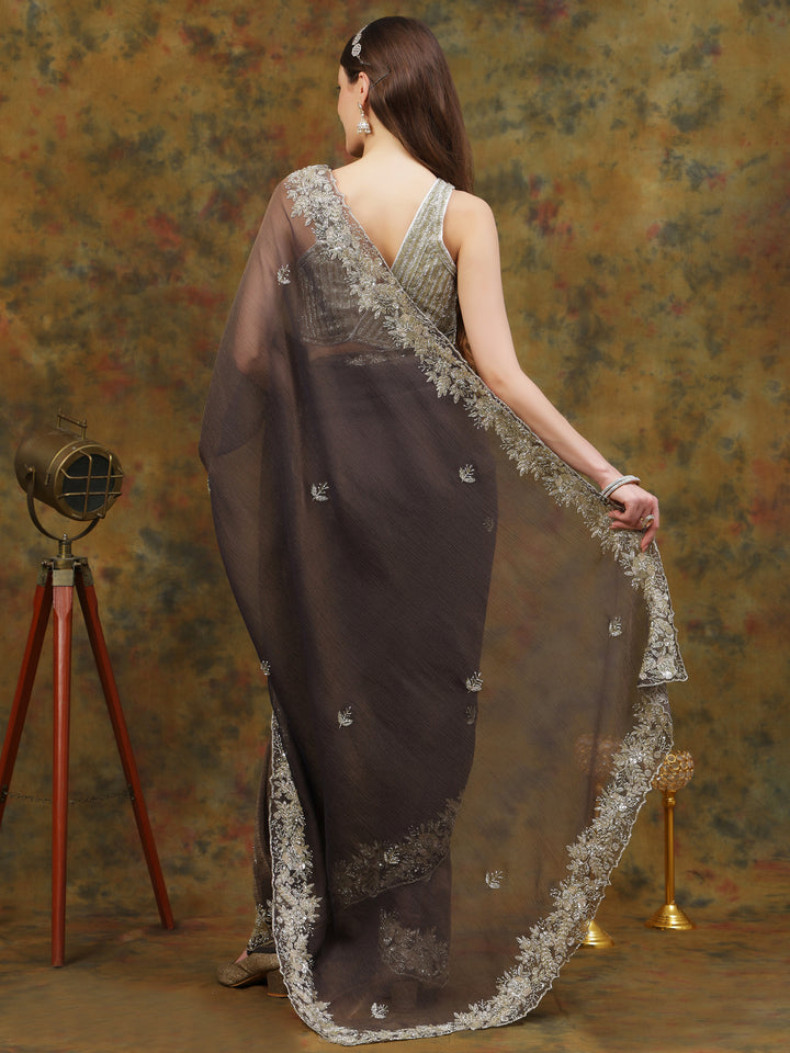 Charcoal Grey Crepe Chiffon Saree