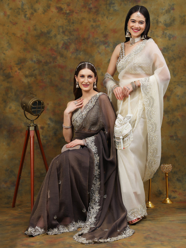 Charcoal Grey Crepe Chiffon Saree