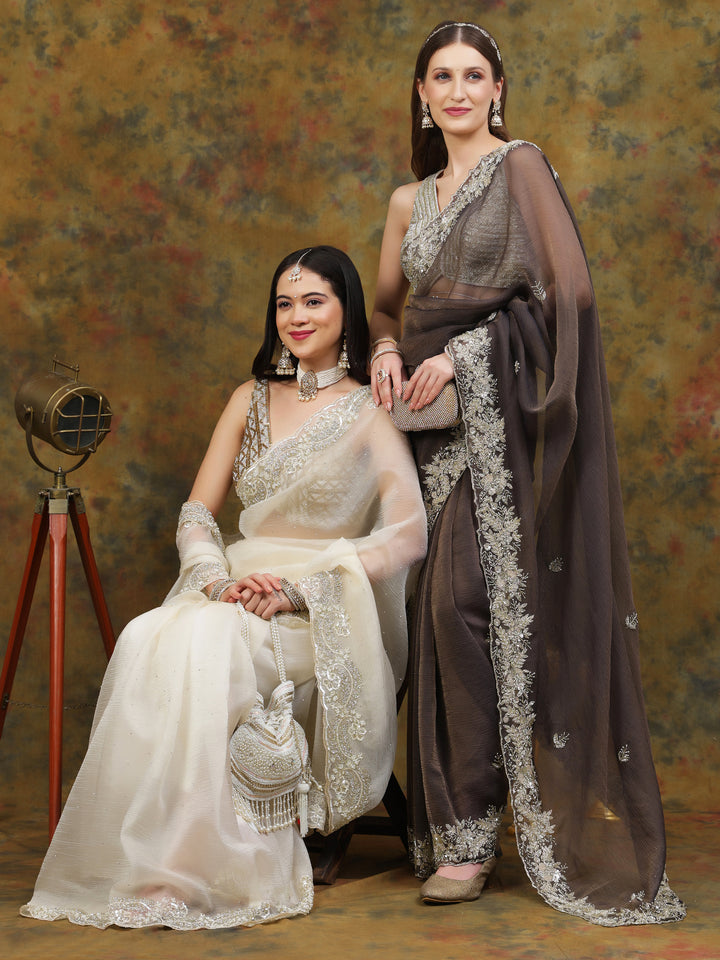 Ivory Crepe Chiffon Saree