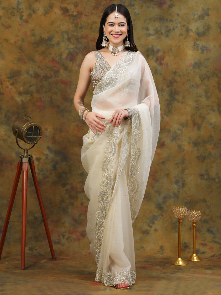 Ivory Crepe Chiffon Saree