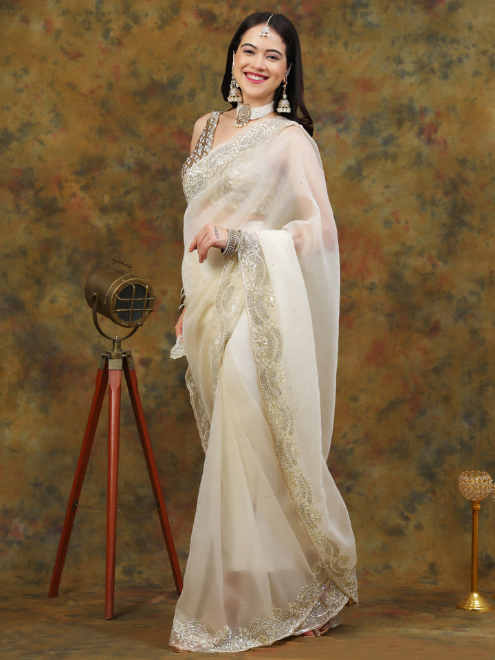Ivory Crepe Chiffon Saree