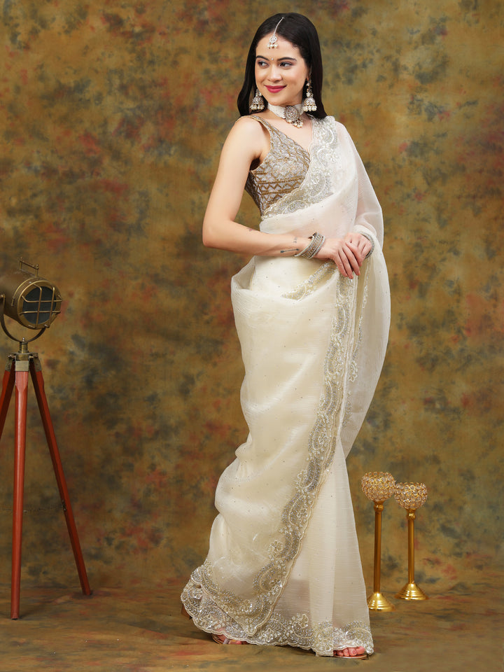 Ivory Crepe Chiffon Saree