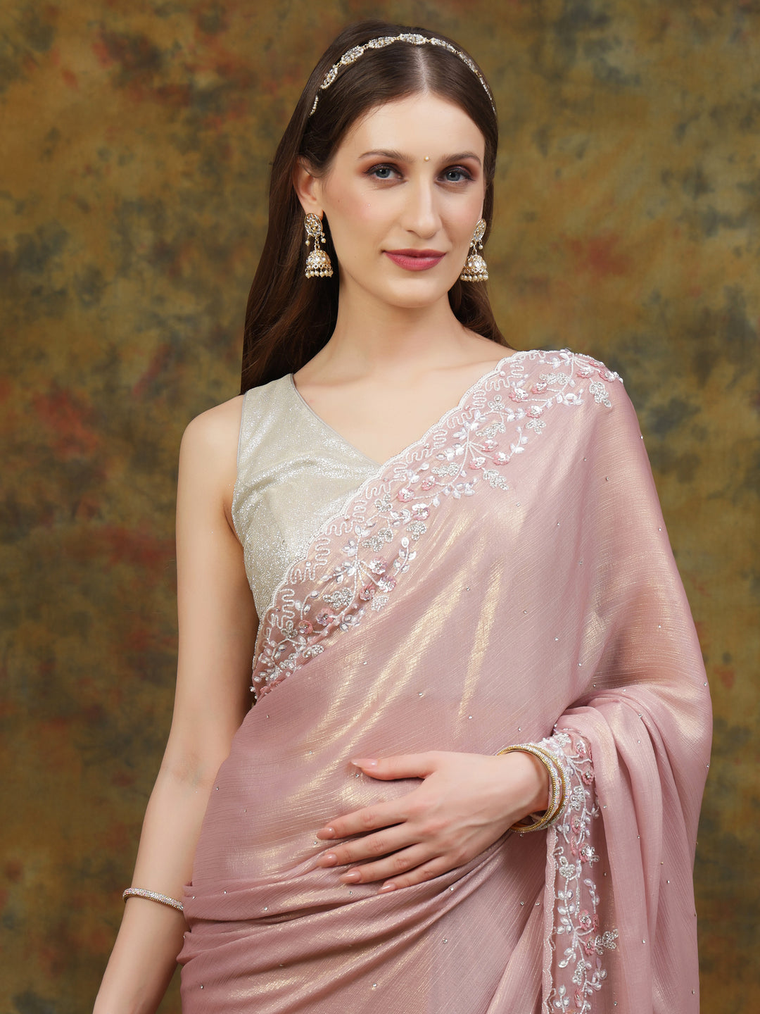 Rose Gold Shimmer Crepe Saree