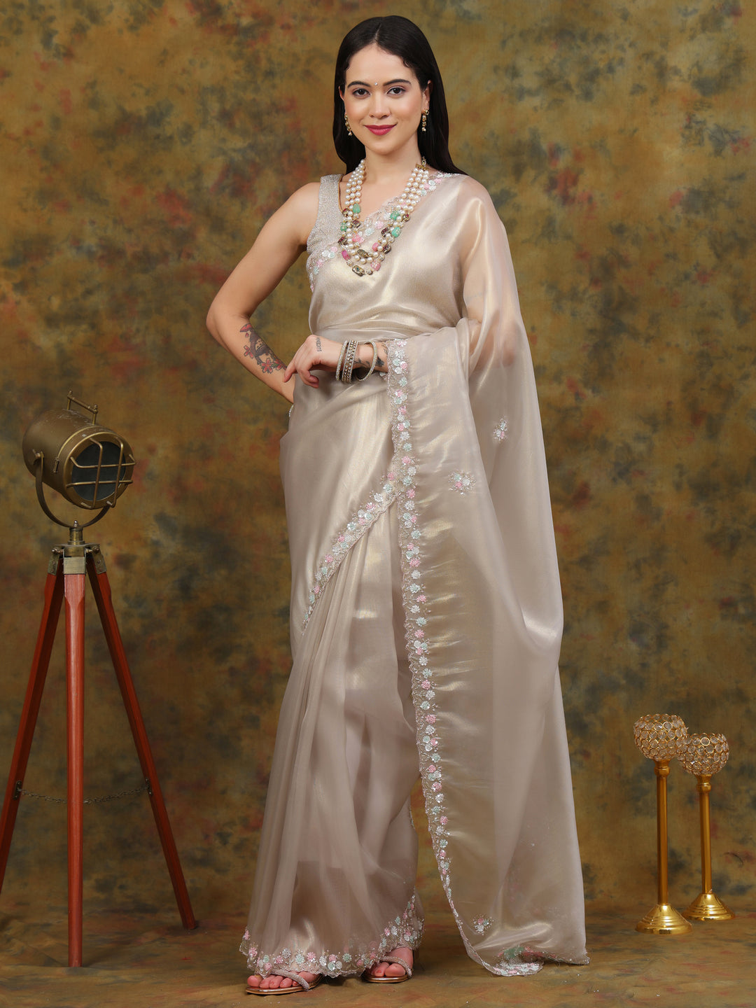 Silver Organza Tissue Saree