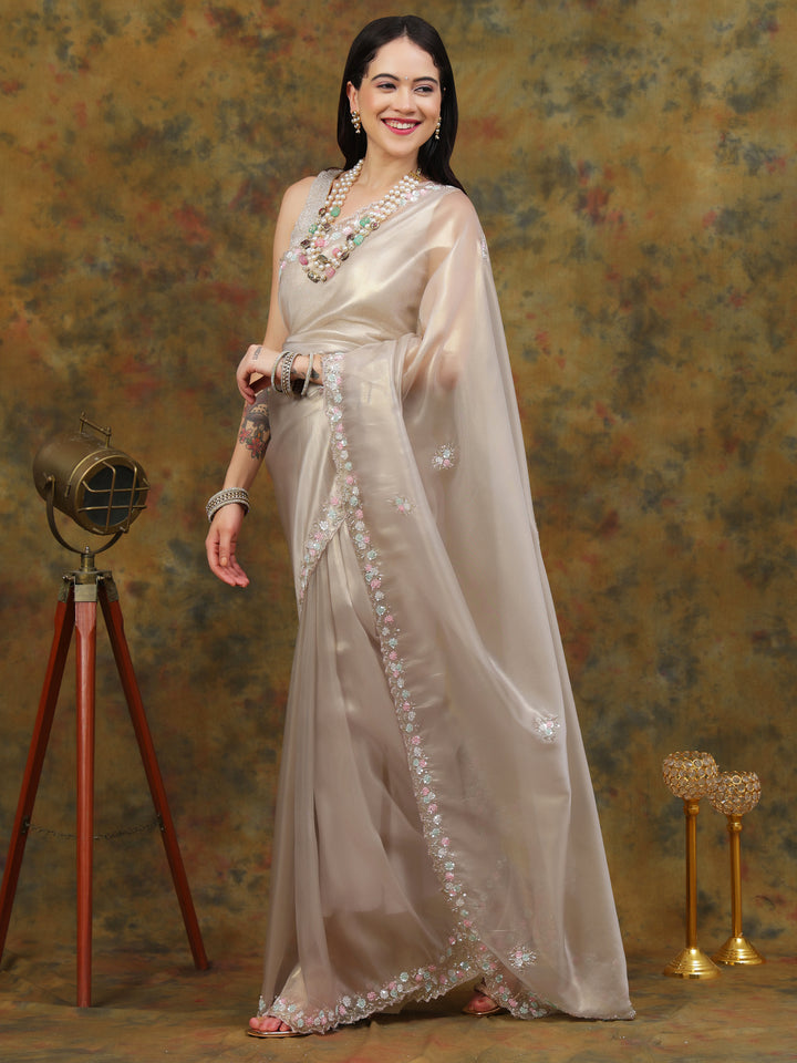 Silver Organza Tissue Saree
