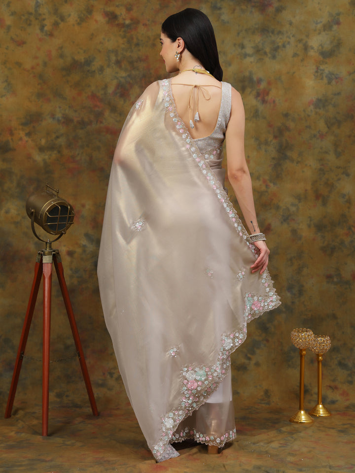 Silver Organza Tissue Saree