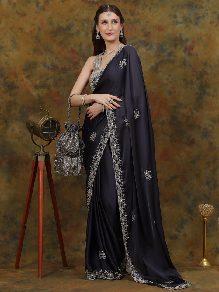 Steel Grey Satin Silk Saree