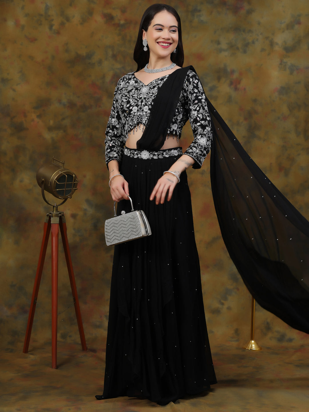 Black Pre-drape Skirt Saree