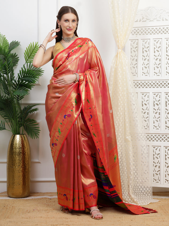 Coral Red Paithani Tissue Silk Saree.