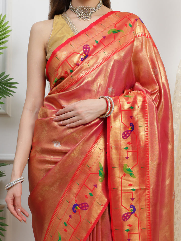 Coral Red Paithani Tissue Silk Saree.