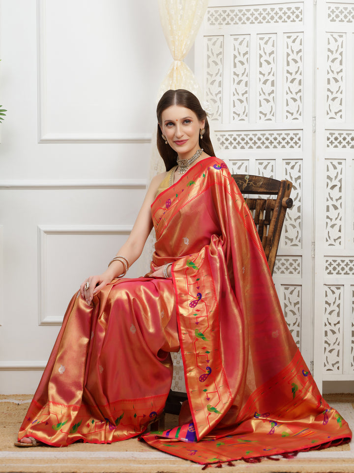 Coral Red Paithani Tissue Silk Saree.