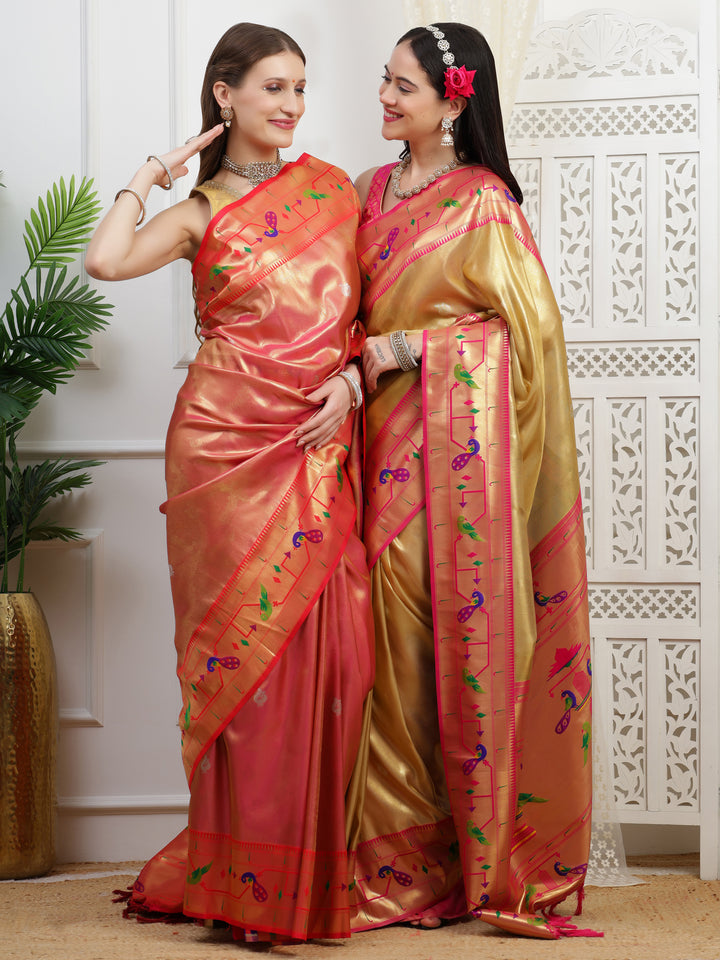 Coral Red Paithani Tissue Silk Saree.