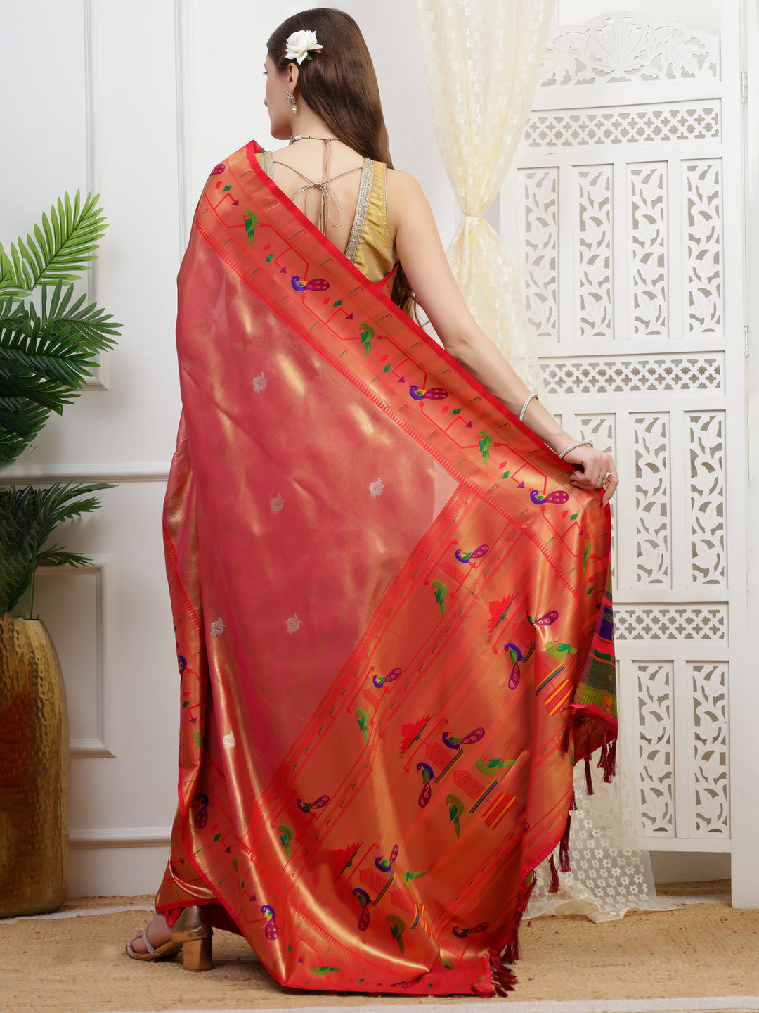 Coral Red Paithani Tissue Silk Saree.