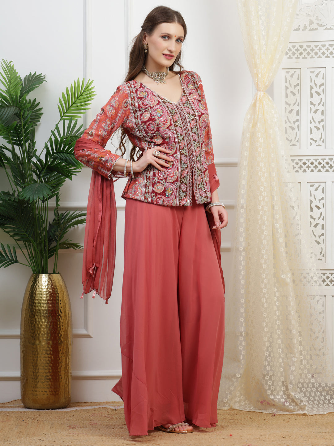 Peach Embroidered Palazzo