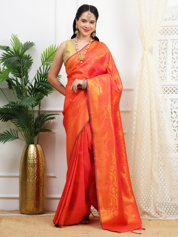Flame Orange Jacquard Silk Saree