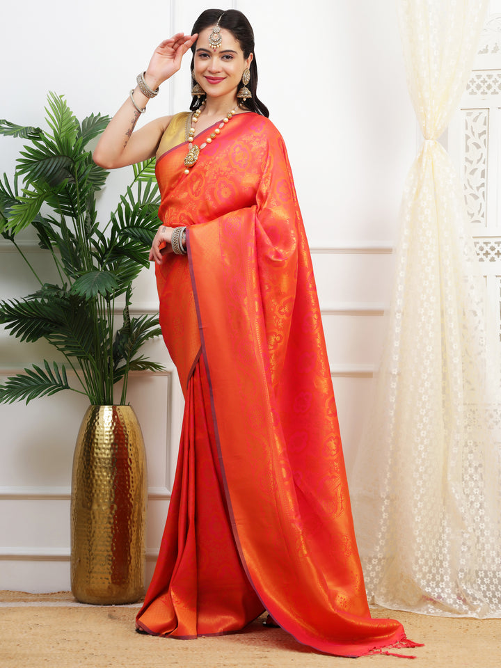 Flame Orange Jacquard Silk Saree