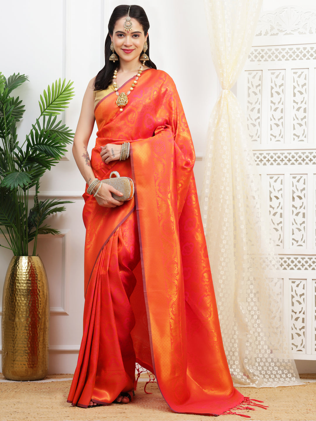 Flame Orange Jacquard Silk Saree