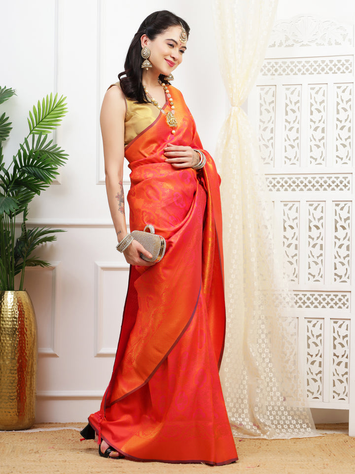Flame Orange Jacquard Silk Saree