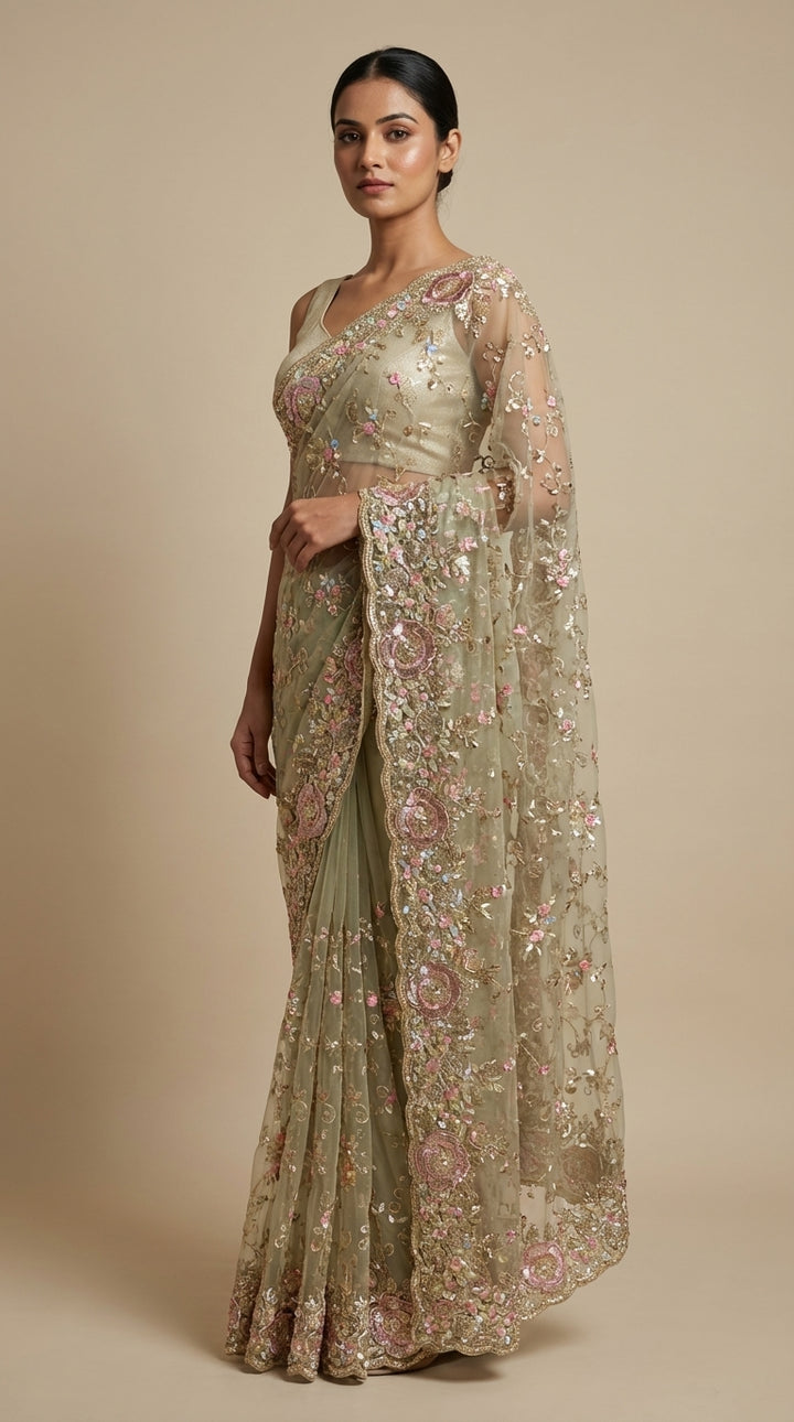 Mint Green net saree