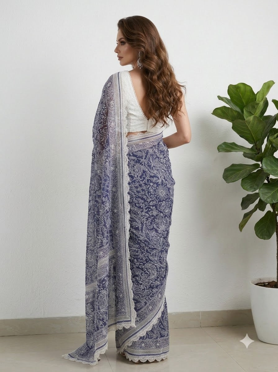 Blue Chikankari Saree