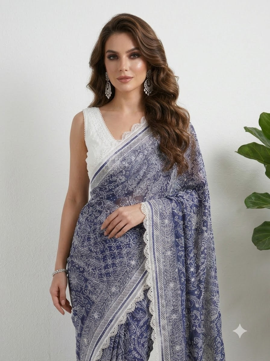 Blue Chikankari Saree