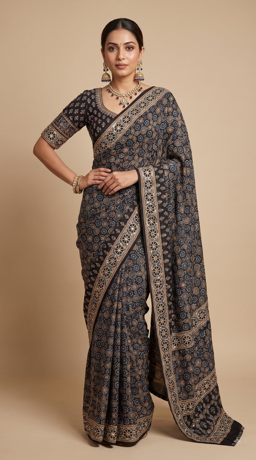 Black Ajrakh Saree