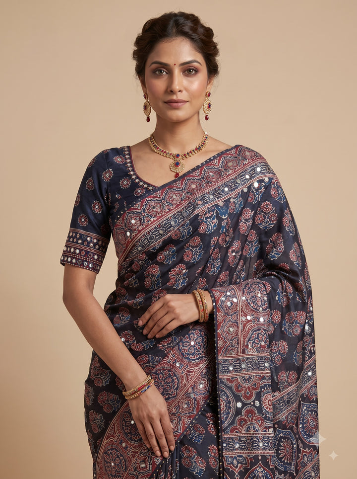Steel Grey Ajrakh Saree
