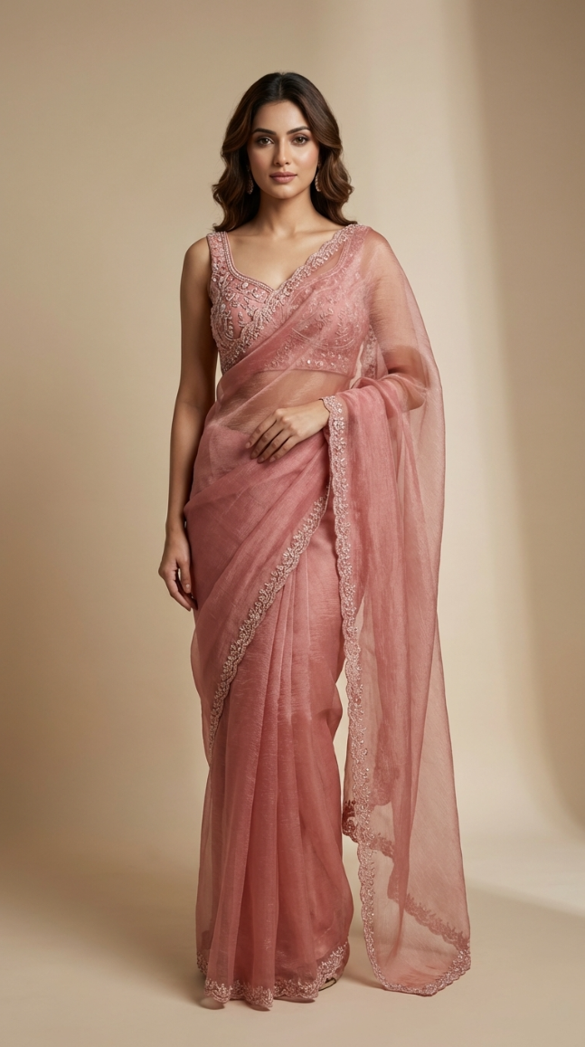 Onion Pink Crush Tissue saree