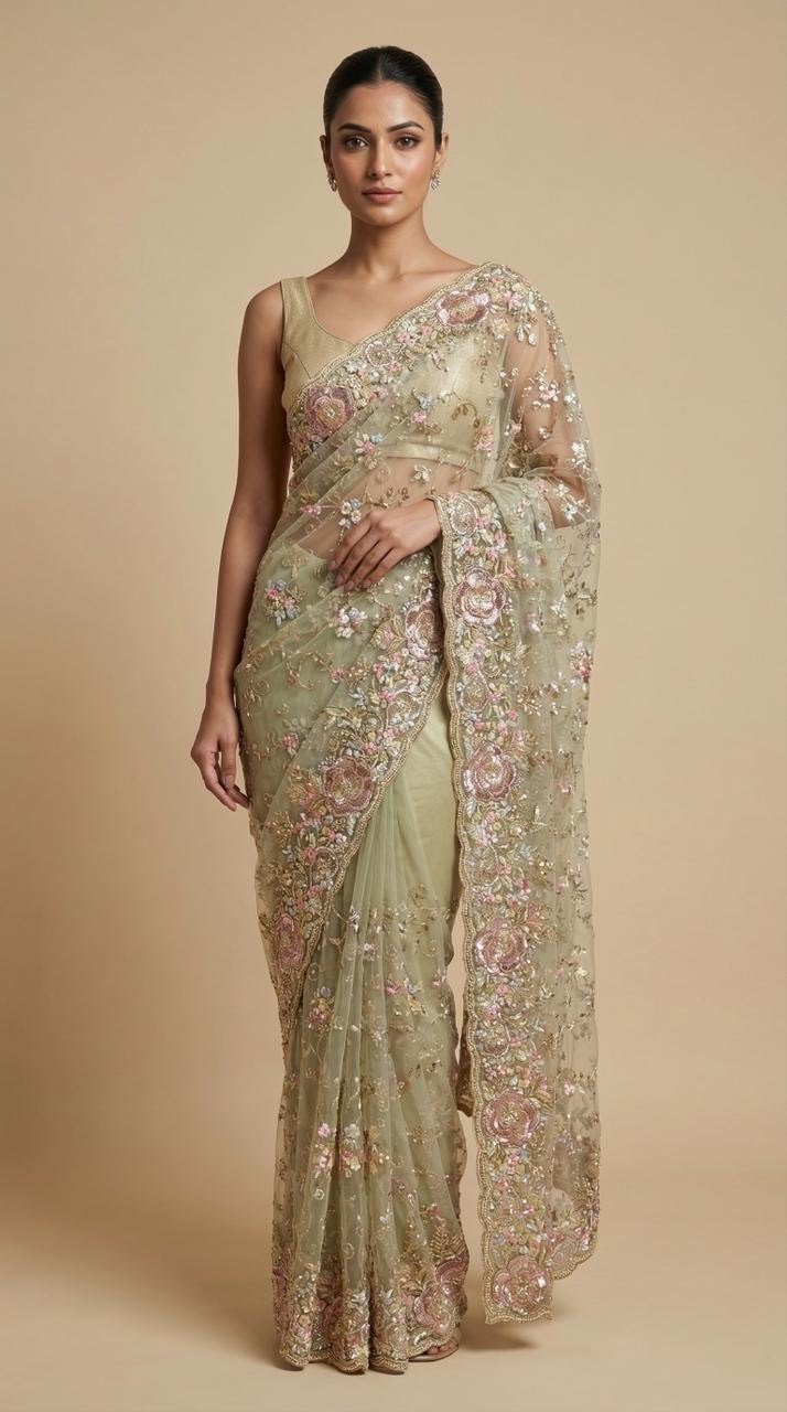 Mint Green net saree