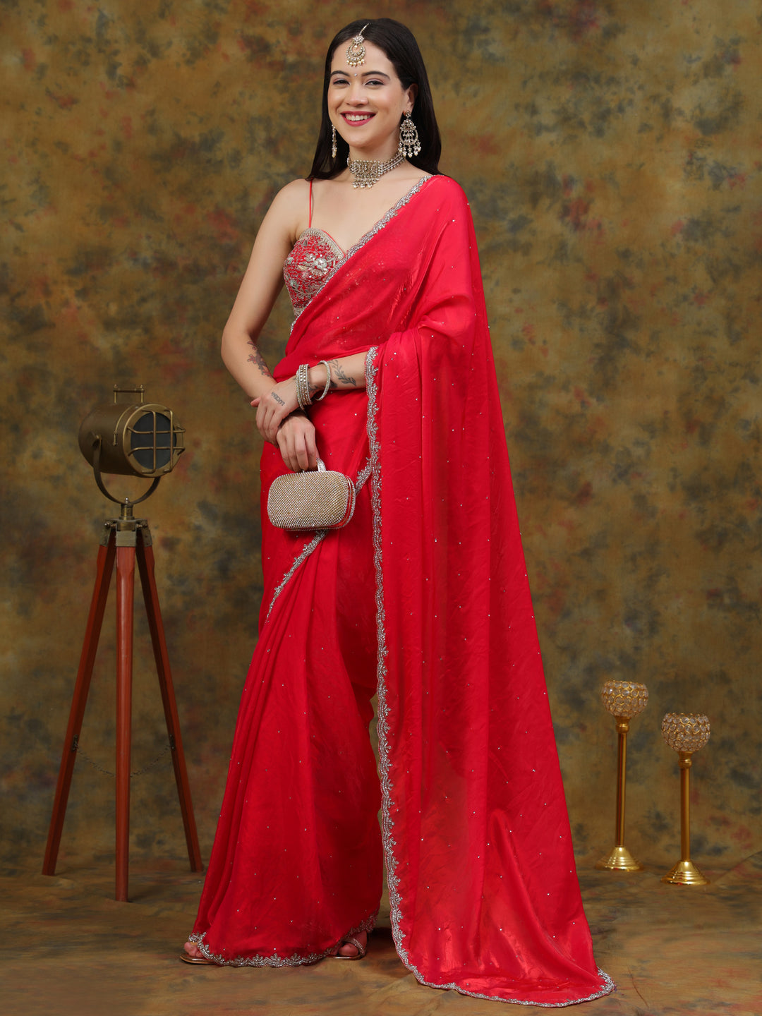 Ruby Red Satin Tissue Saree