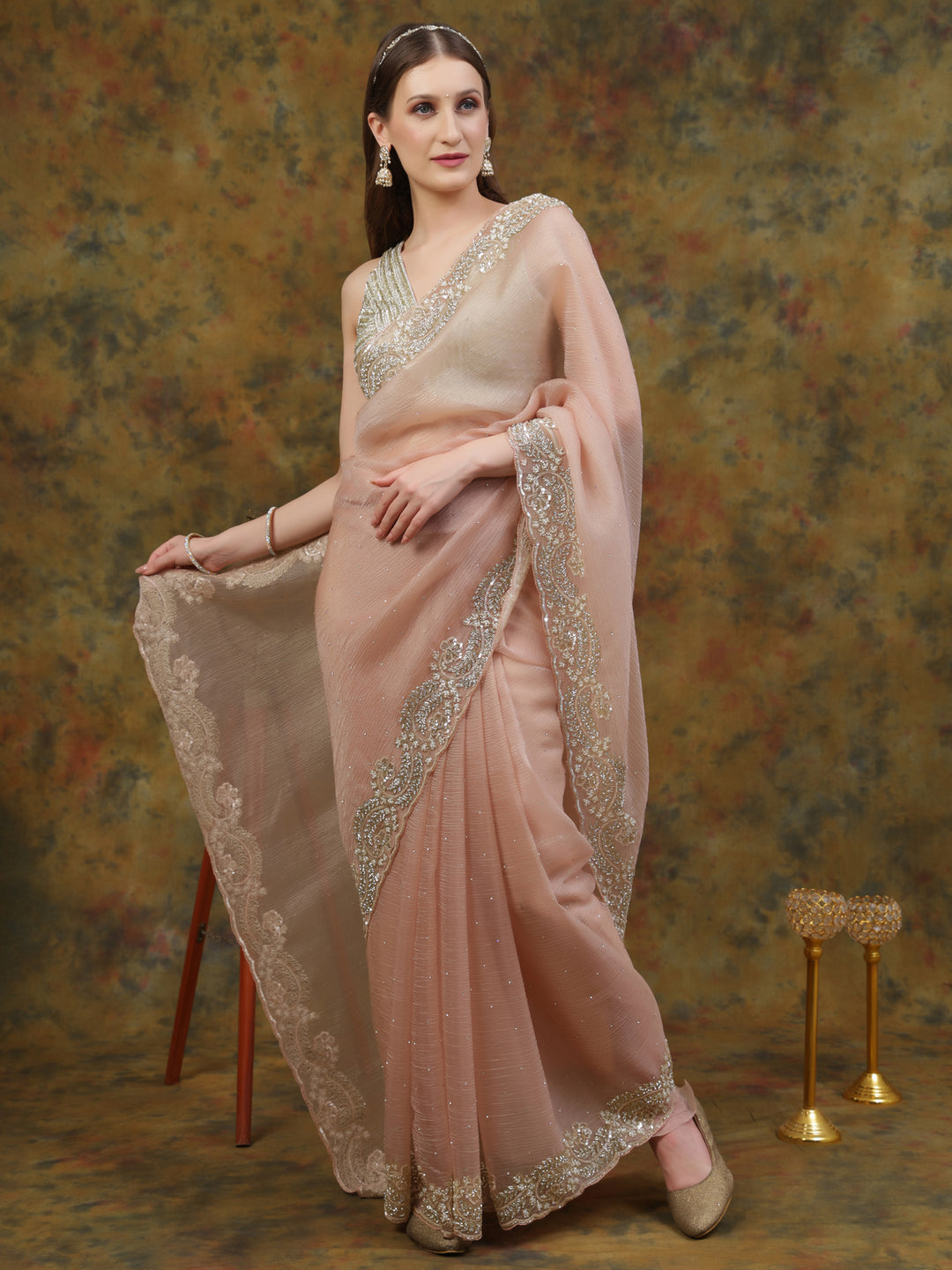 Peach Crepe Chiffon Saree