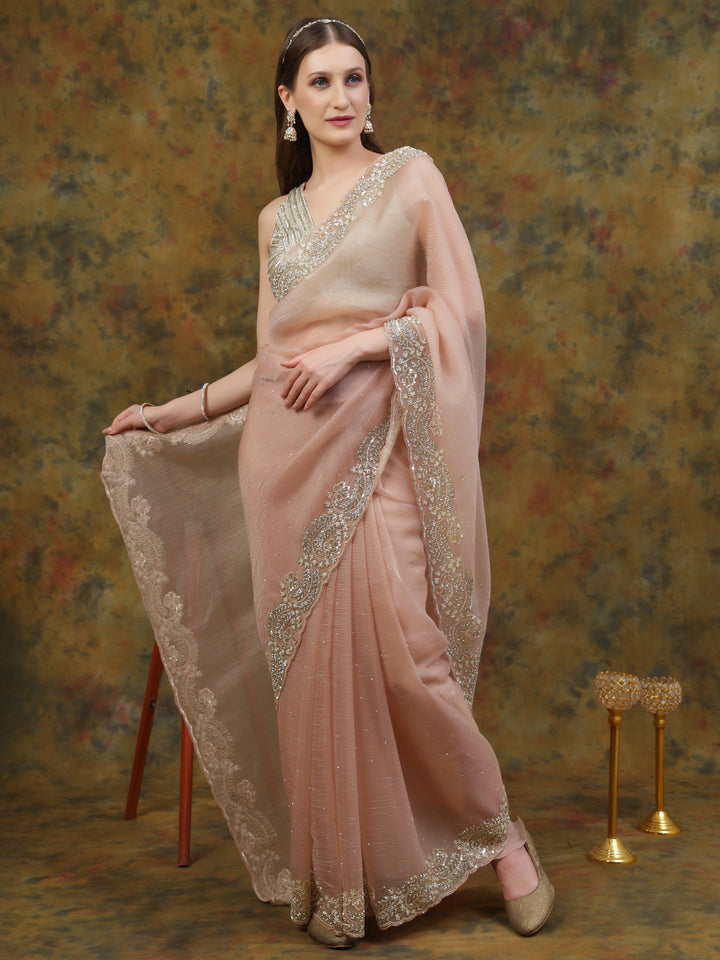 Peach Crepe Chiffon Saree