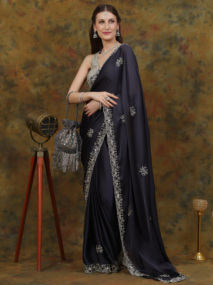 Steel Grey Satin Silk Saree