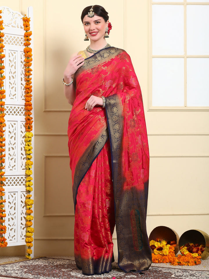 Emerald Red Banarasi Kora Silk Saree