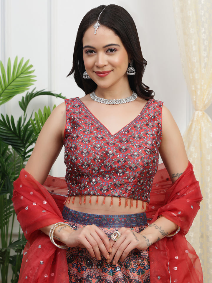 Red Printed Lehenga