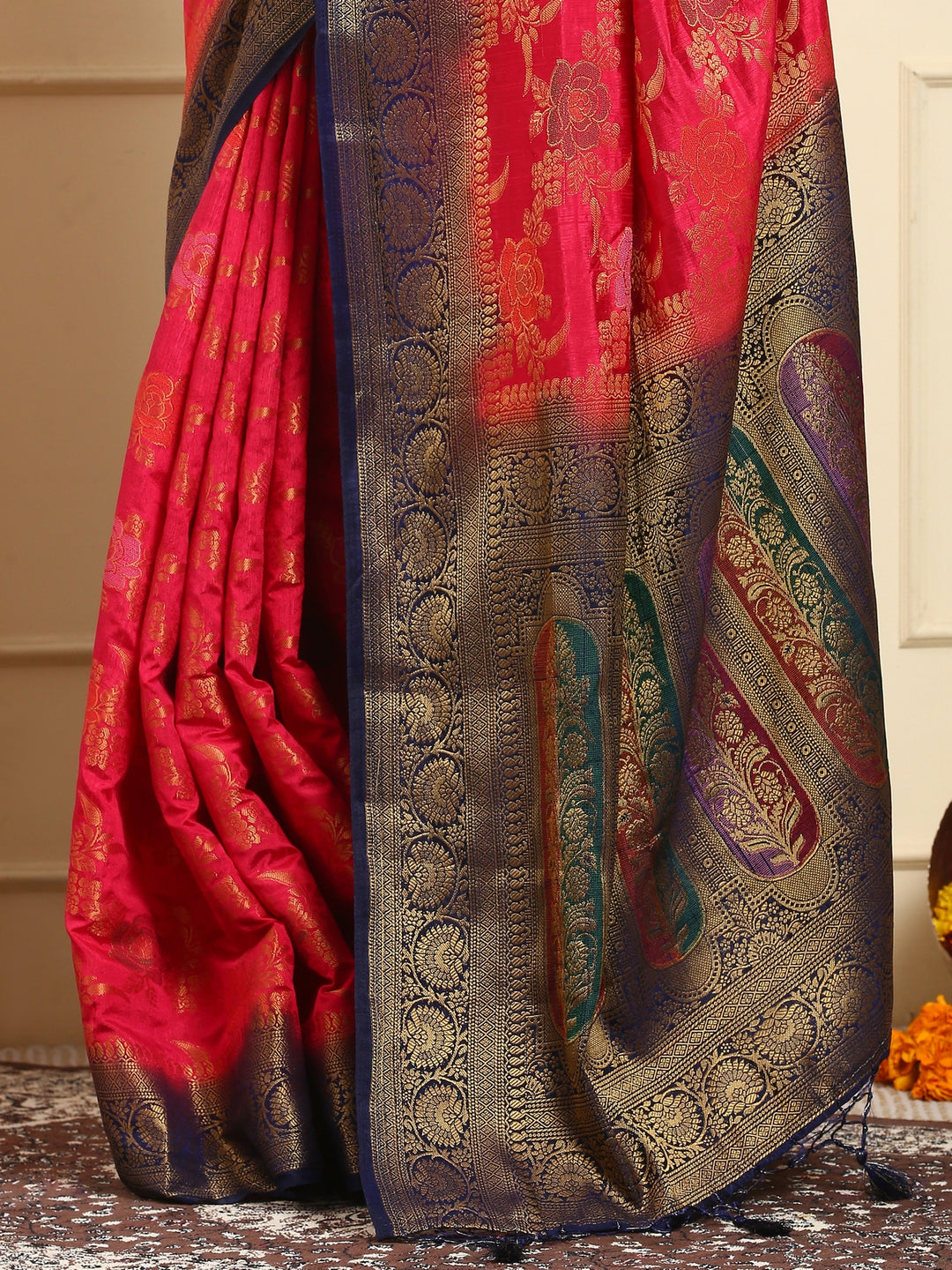 Emerald Red Banarasi Kora Silk Saree