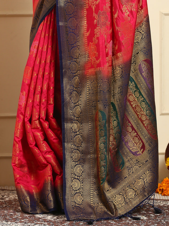 Emerald Red Banarasi Kora Silk Saree